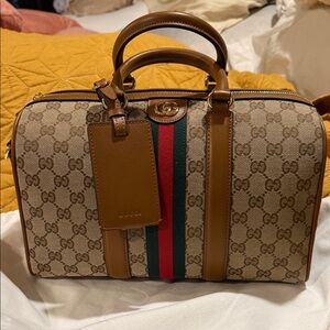 Gucci Beige GG Supreme Canvas Duffel with Brown Leather and Green-Red Web Stripe